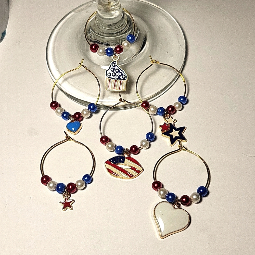 6 Beautiful Handmade Celebrate America USA 4th of July Crystal Wine Charms #4